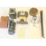 3 x Vintage cameras and a tripod Ensign Carbine Compure, Box Brownie, DA Cora Germany