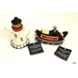 2 x collectable teapots by Carters of Suffolk of a Barge and a Lighthouse