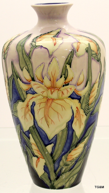 A Moorcroft Yellow Iris vase 32cm tall x 7cm neck x 9cm base