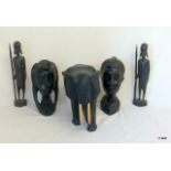 A pair of large carved African Tribal Art heads and other tribal items 27 x 12 x 17cm