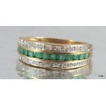 9ct Gold ladies diamond and emerald band ring approx 1.3ct h/m size M