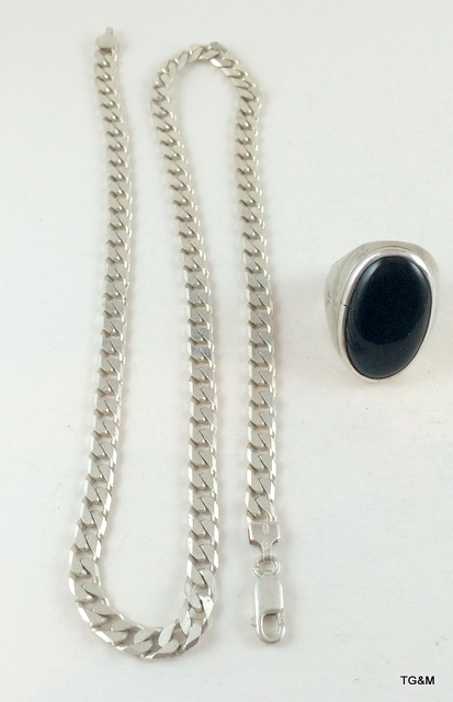 Silver flat link necklace together with a Silver ring size V 70gm