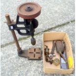 A hand work bench mounted drill and other items