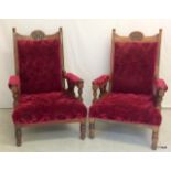 A pair of Edwardian parlour chairs with red Velour trim on round legs