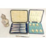 Mixed Lot of Silver and Silver Plate Items, to Include Set of Spoons, Knives and Sugar Shaker.