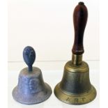 A WW2 Air Raid Precautions ARP hand bell with a WW2 Victory bell made from the metal of shot down