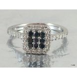 9ct White gold ladies diamond and sapphire square set ring size K
