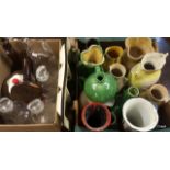 Mixed Studio pottery items to include glass decanters and wooden candle holders