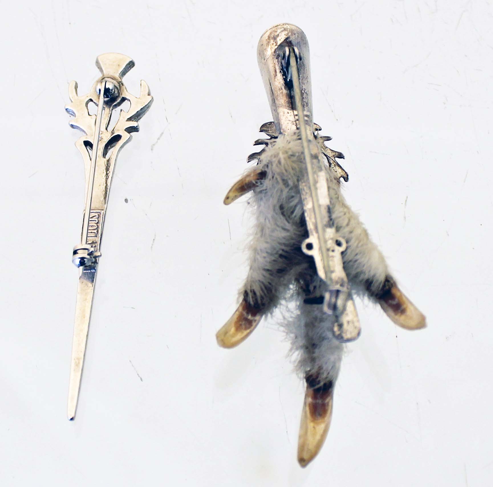 A Scottish silver Ptarmigan bird claw brooch and a chrome thistle brooch - Image 4 of 4