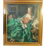 An oil on canvas lady reclining to a chair signed 60 x 70cm