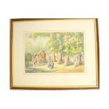 A framed print of thatched cottage, a signed framed watercolour by A E H Sayers, a framed oil