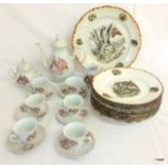 French Colonial coffee set with a country set of plates depicting hunting animals