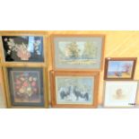 A collection of 6 pictures to include a framed shell picture and a 3D horse picture