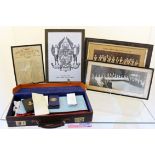 A brown leather Masonic case with regalia medals certificate and framed photographs etc