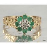 9ct Gold ladies diamond and emerald cluster ring size O