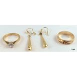9ct Gold drop earrings 9ct gold ladies solitaire ring and 9ct gold wedding band
