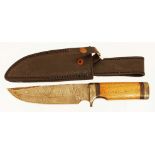 A Perkin sheath knife with 18.5 cms Damascus blade and Burl wood grip with Damascus cross guard