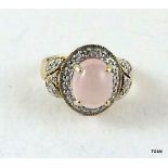 9ct gold ladies pink quarts and diamond shoulder ring size j