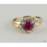 9ct gold ladies ruby heart ring size l