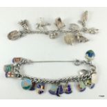 Two silver charm bracelets and charms. 78gms