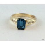 9ct gold blue topaz and diamond shoulder ring size n