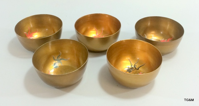 5 Chinese Foo Chow lacquer rice bowls decorated with Koi carp by Shin An Loong Kee