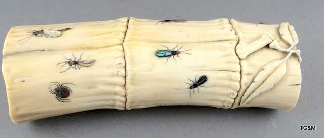 Carved ivory wrist rest in the form of a section of bamboo with Shibayama insect decoration in