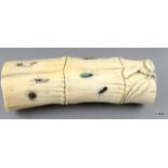 Carved ivory wrist rest in the form of a section of bamboo with Shibayama insect decoration in