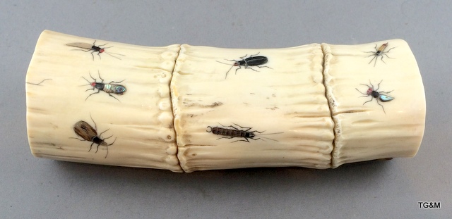 Carved ivory wrist rest in the form of a section of bamboo with Shibayama insect decoration in - Image 2 of 10