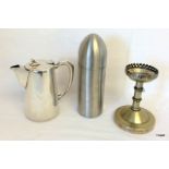 3 pieces of silver plate to include Mappin and Webb water jug, Dunhill bullet cocktail shaker and