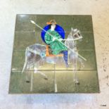 A large polished bronze arts and crafts style table with tiled top depicting a horse and rider