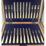 Boxed mother of pearl handle silver cake knife and fork set Sheffield 1905