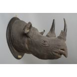 A 1920s' taxidermy Two Horned Black Rhinoceros Trophy Head on Shield