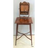 A mahogany inlaid lamp table with cross stretcher together with a carved frame dressing table