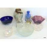 A mixed collection of hand blown glass to include a handkerchief bowl and studio glass