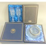 Thomas Webb crystal glass rose bowl and 2 crystal glass champagne flutes boxed