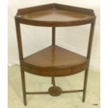 Mahogany corner stand with single drawer. 85 x 40 x 40