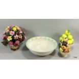 A china washbowl, china flower arrangement and 2 china fruit arrangement