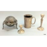 A pair of silver candle sticks together with other items of silver plate one being a Victorian