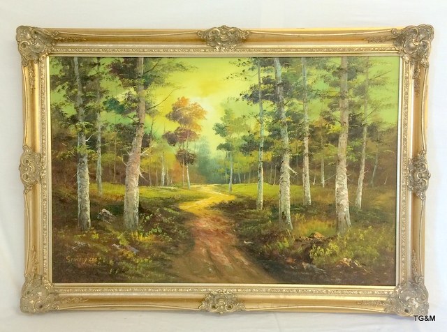 An oil on canvas of a woodland scene signed Stanely Lee Cafieri 105 x 80cm