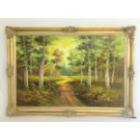 An oil on canvas of a woodland scene signed Stanely Lee Cafieri 105 x 80cm