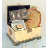 Chinese lacquer box, Chinese trunk lacquer tray and miscellaneous jewellery items