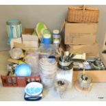 A large collection of new kitchen and patio cups saucer cutlery etc from a defunct shop via the