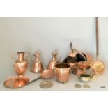 Collection of copper and brass including coal scuttle, ewers and hot pans etc
