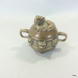 Chinese brass censer with twin handles and lid decorated with snakes