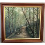 Oil on board depicting woodland scene with sheep droving signed to the bottom right 50 x 50cm