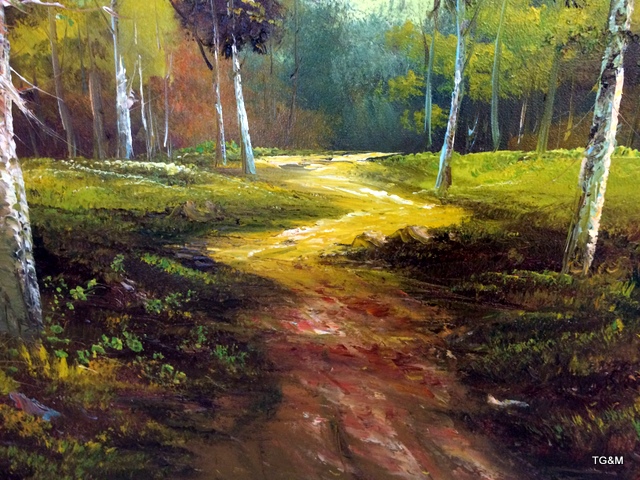 An oil on canvas of a woodland scene signed Stanely Lee Cafieri 105 x 80cm - Image 6 of 9