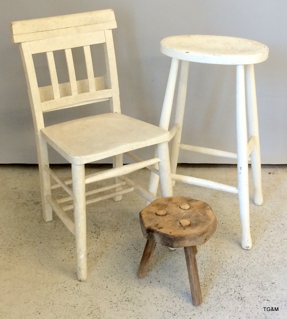 Painted white chair, 3 legged milking stool and a painted kitchen stool
