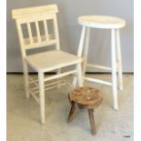 Painted white chair, 3 legged milking stool and a painted kitchen stool