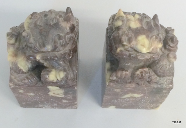 A pair of large Chinese soapstone desk seals with engraved decoration to all four sides. - Image 2 of 9